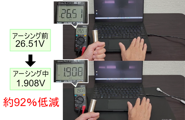 ノートパソコン使用時のアーシング前後 体表電圧測定