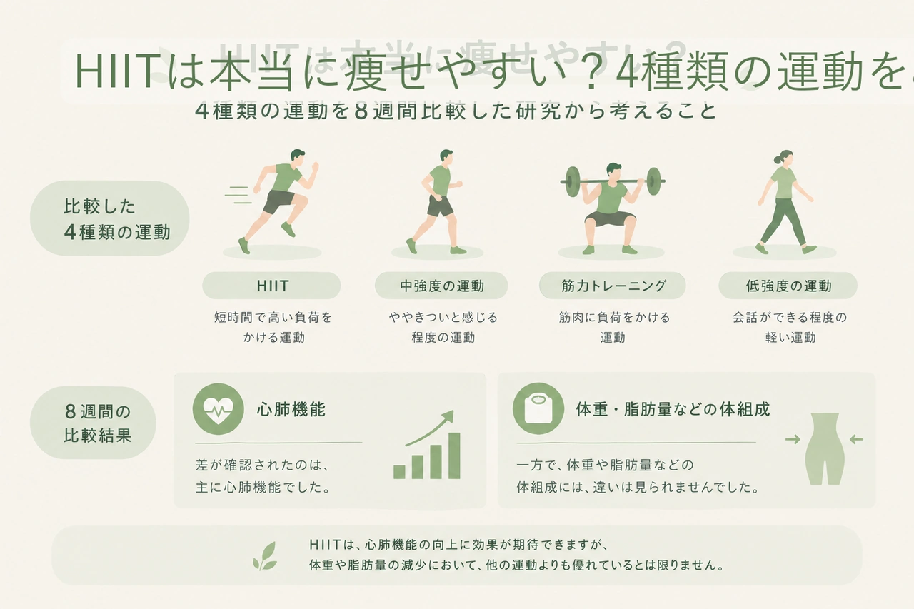 HIITを含む4種類の運動を8週間比較。心肺機能と体組成の結果を分けて読む
